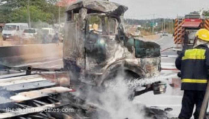 Crashed Truck Catches Fire In Anambra, Driver Escapes